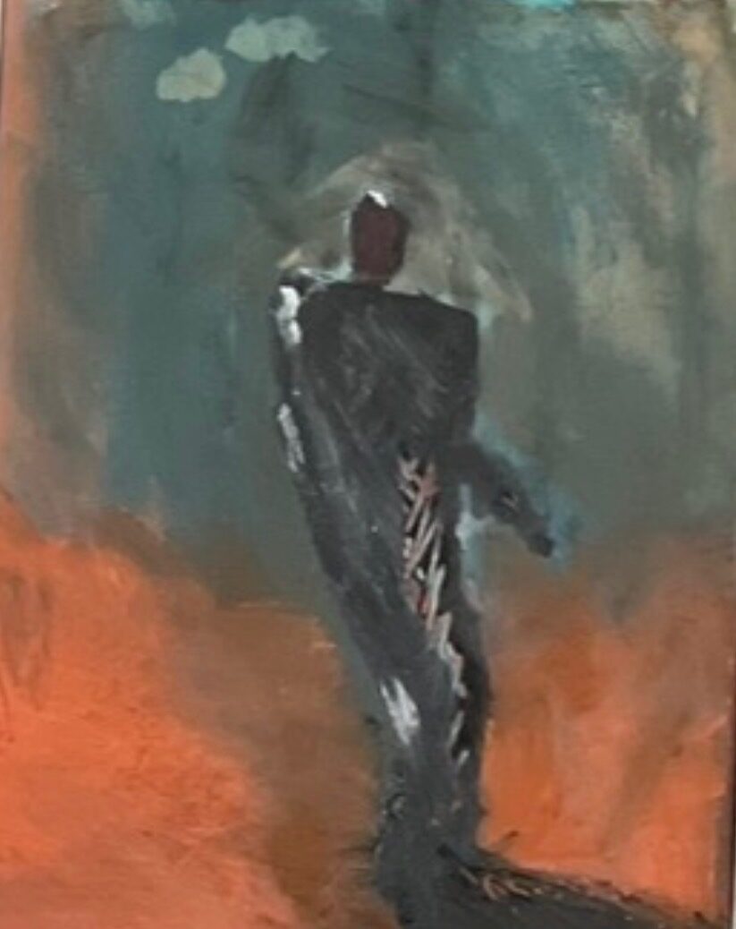 Painting of a dark figure seen from behind, walking away into teal mist above a band of burnt orange, titled Down The Wrong Path