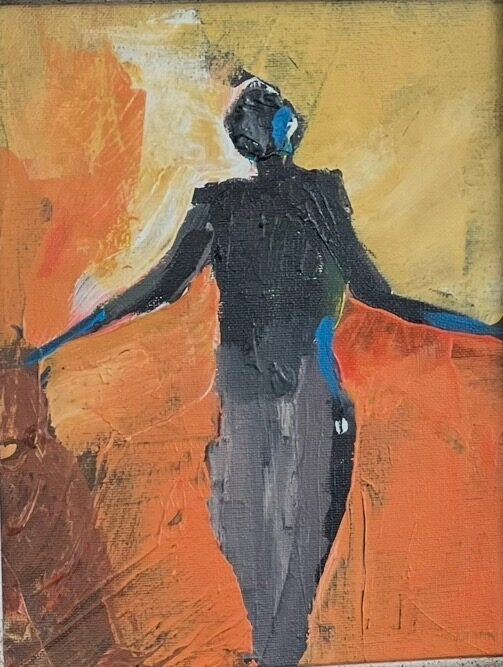 Painting of a dark figure with arms flung wide, flashes of blue at the hands, against an orange and ochre ground, titled Exhilarated