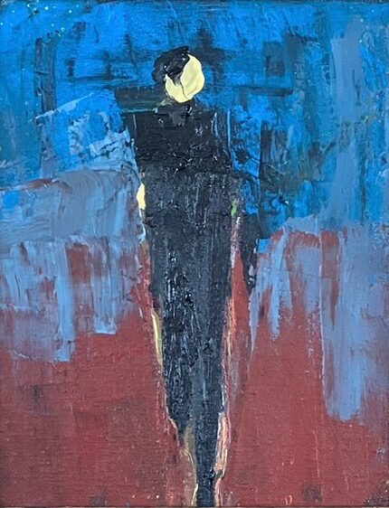 Painting of a slender dark figure with a pale head, set against blue above and deep red below, titled Fashionista