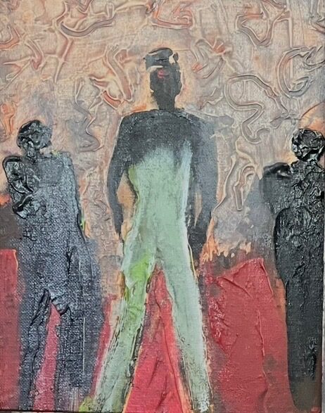 Painting of three weathered figures standing shoulder to shoulder above a band of red, the central one in pale green, titled Miners