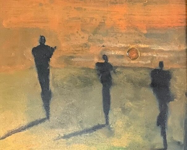 Painting of three dark figures crossing a pale field beneath a burnt orange sky and a small low sun, titled On The Run