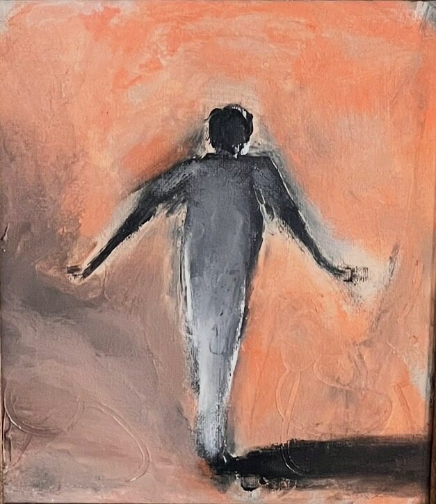 Painting of a grey figure with arms outstretched, stepping carefully across a warm coral ground, titled Sneaking