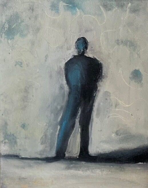 Painting of a broad dark figure seen from behind in blues and black, standing in a pale grey haze, titled The Farmer