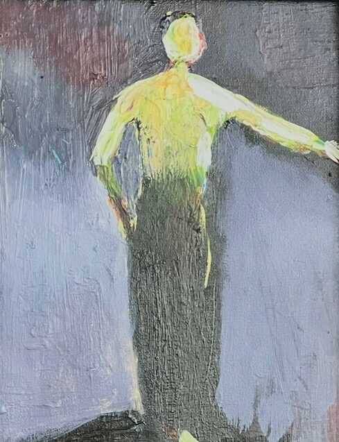 Painting of a pale yellow-green figure with one arm extended, standing against a soft lilac grey ground, titled The Ringmaster