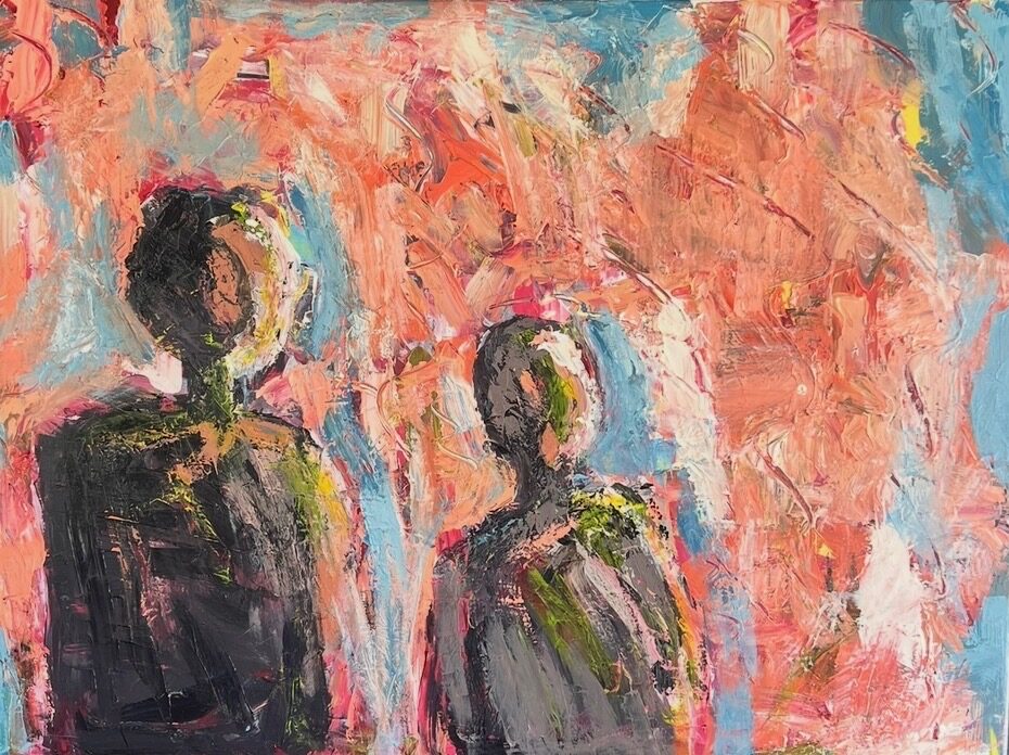 Acrylic painting of two faceless figures standing side by side against a coral and pale blue field of thick brushwork, titled Brothers