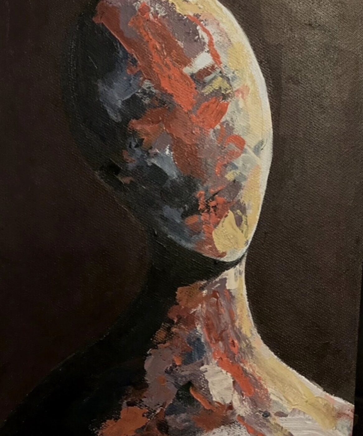 Acrylic portrait of a faceless figure turned aside, the head scraped in rust, cream and slate paint on a deep brown ground, titled Complacent