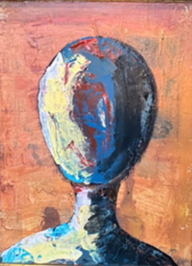 Acrylic portrait of a faceless figure in blue, cream and red brushstrokes against a warm orange ground, titled Friend