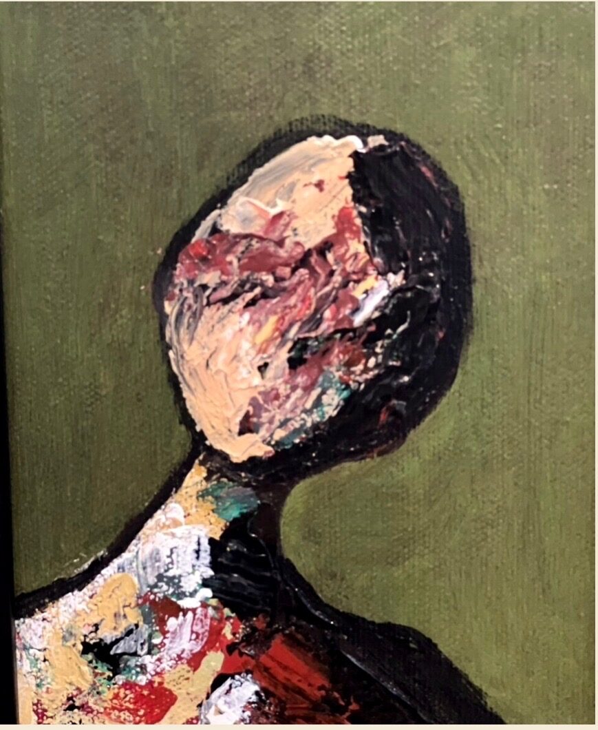 Small acrylic portrait of a faceless figure with a pale pink and cream head against an olive green ground, titled Innocence