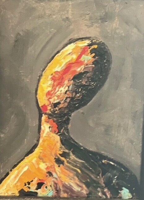 Small acrylic portrait of a faceless figure lit with amber and yellow paint against a grey ground, titled Inquisitive