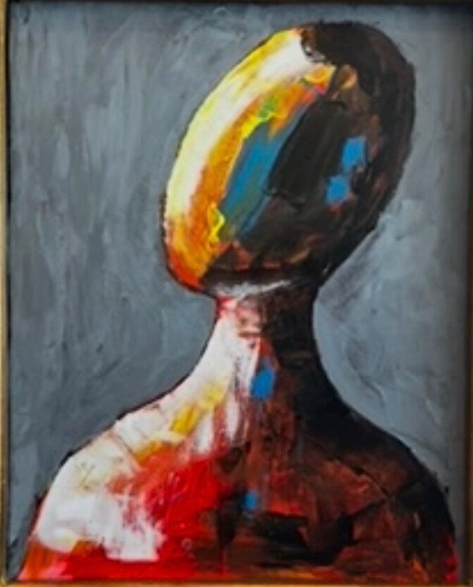 Acrylic portrait of a faceless figure whose head is swept with yellow, teal and orange paint against a soft grey background, titled Minds Eye