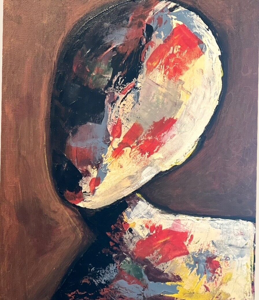 Acrylic portrait of a faceless figure leaning forward, painted in red, cream and black impasto against a russet ground, titled Sly