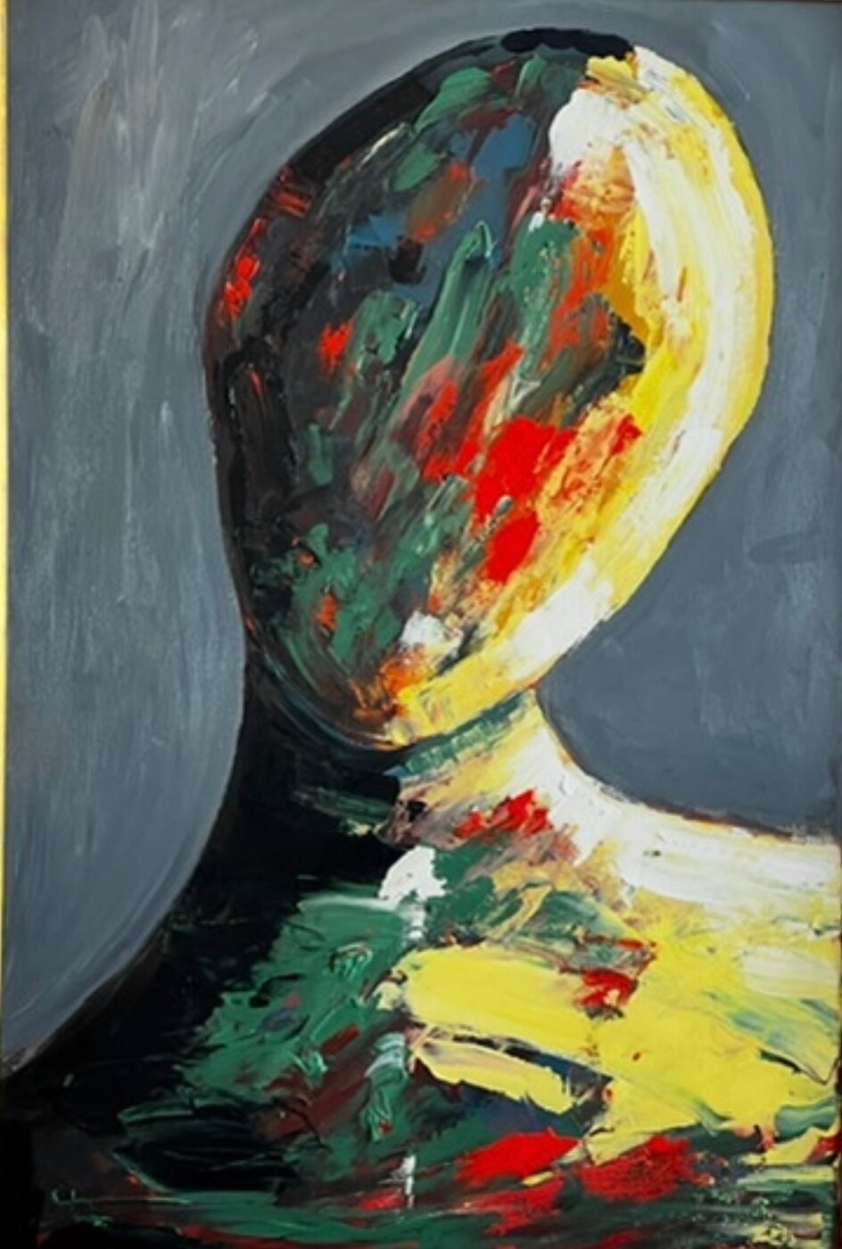 Acrylic portrait of a faceless figure built from green, red and yellow impasto strokes against a grey ground, titled The Unbecoming