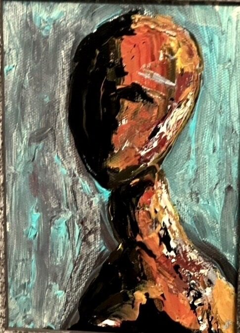Small acrylic portrait of a faceless figure in copper and black brushwork against a turquoise ground, titled Waiting