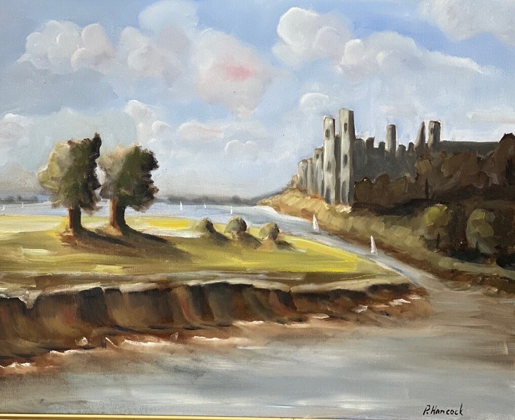 Painting of a grey castle ruin on a bluff above a wide river dotted with small white sails, beneath a sky of soft clouds, titled Once Upon A Time
