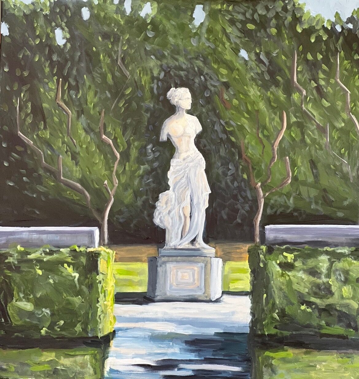 Painting of a pale marble statue of a woman on a pedestal at the end of a sunlit path, framed by clipped hedges and dense green trees, titled Secret Garden